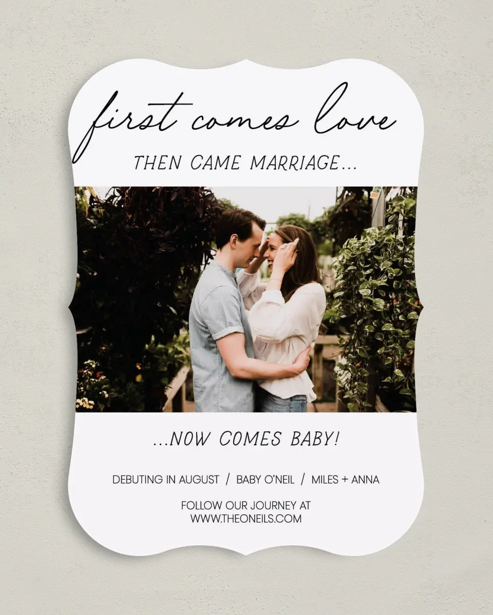 This is a 5" x 7" Birth Announcement Card called Now Comes Baby! printed in full color on Premium Smooth paper