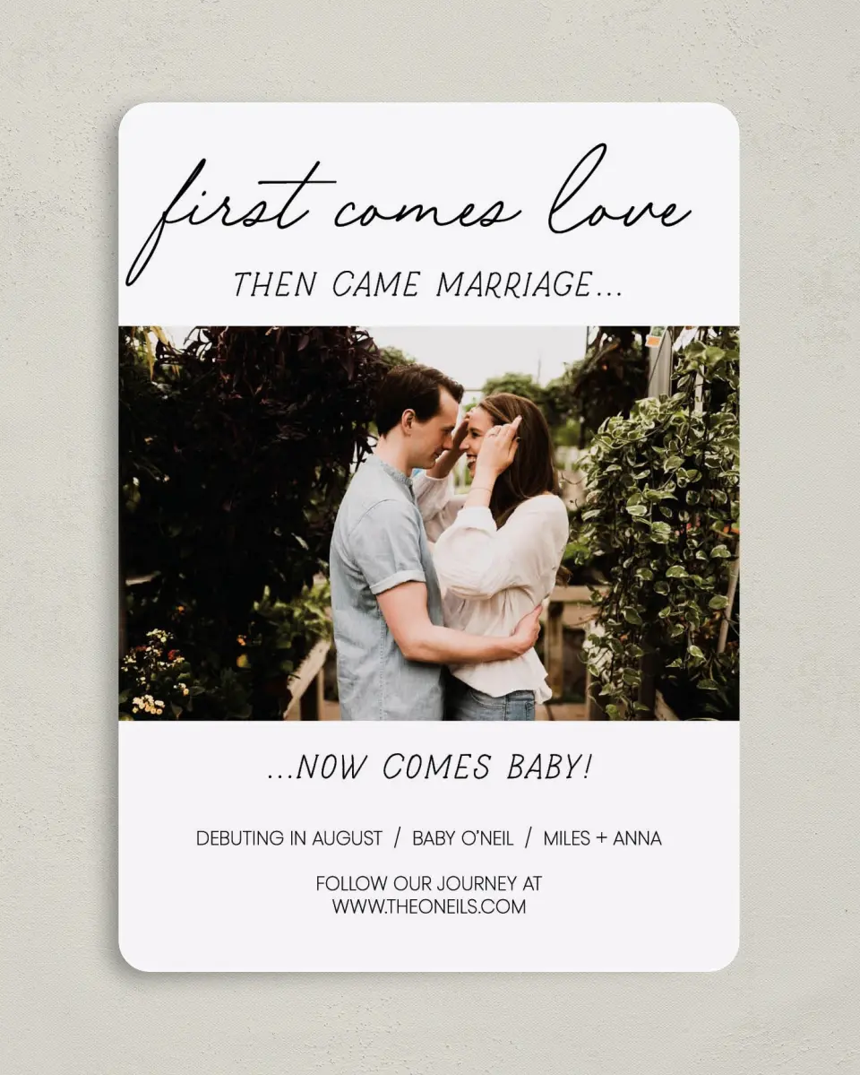This is a 5" x 7" Birth Announcement Card called Now Comes Baby! printed in full color with Rose Gold foil on Luxe Satin (coated) paper