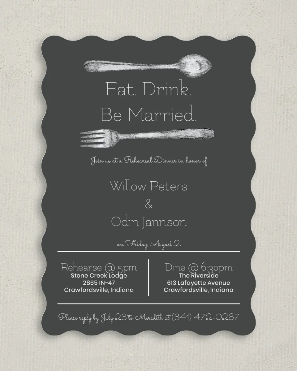This is a 5" x 7" Rehearsal Dinner Invitation called Rehearsal Eats printed in full color on Premium Smooth paper