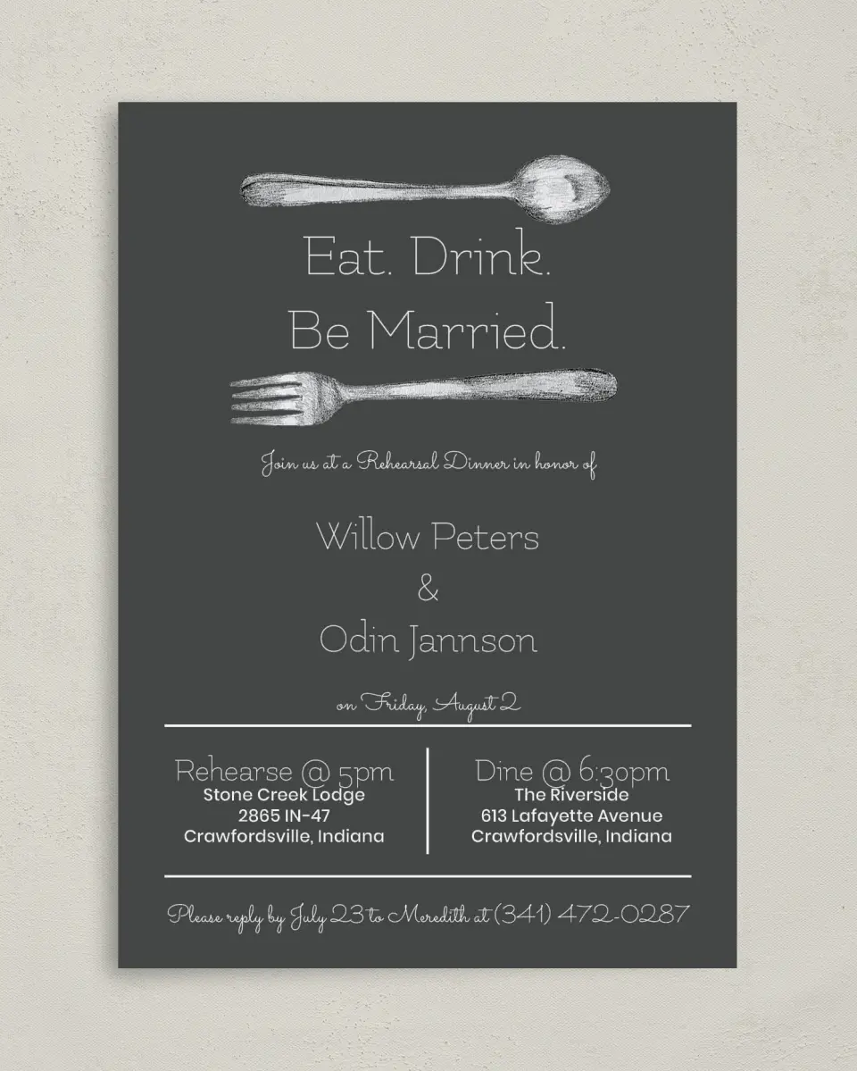 This is a 5" x 7" Rehearsal Dinner Invitation called Rehearsal Eats printed in full color on Premium Smooth paper