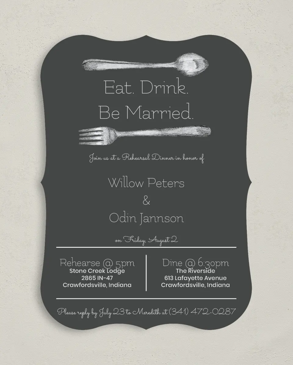 This is a 5" x 7" Rehearsal Dinner Invitation called Rehearsal Eats printed in full color on Premium Smooth paper