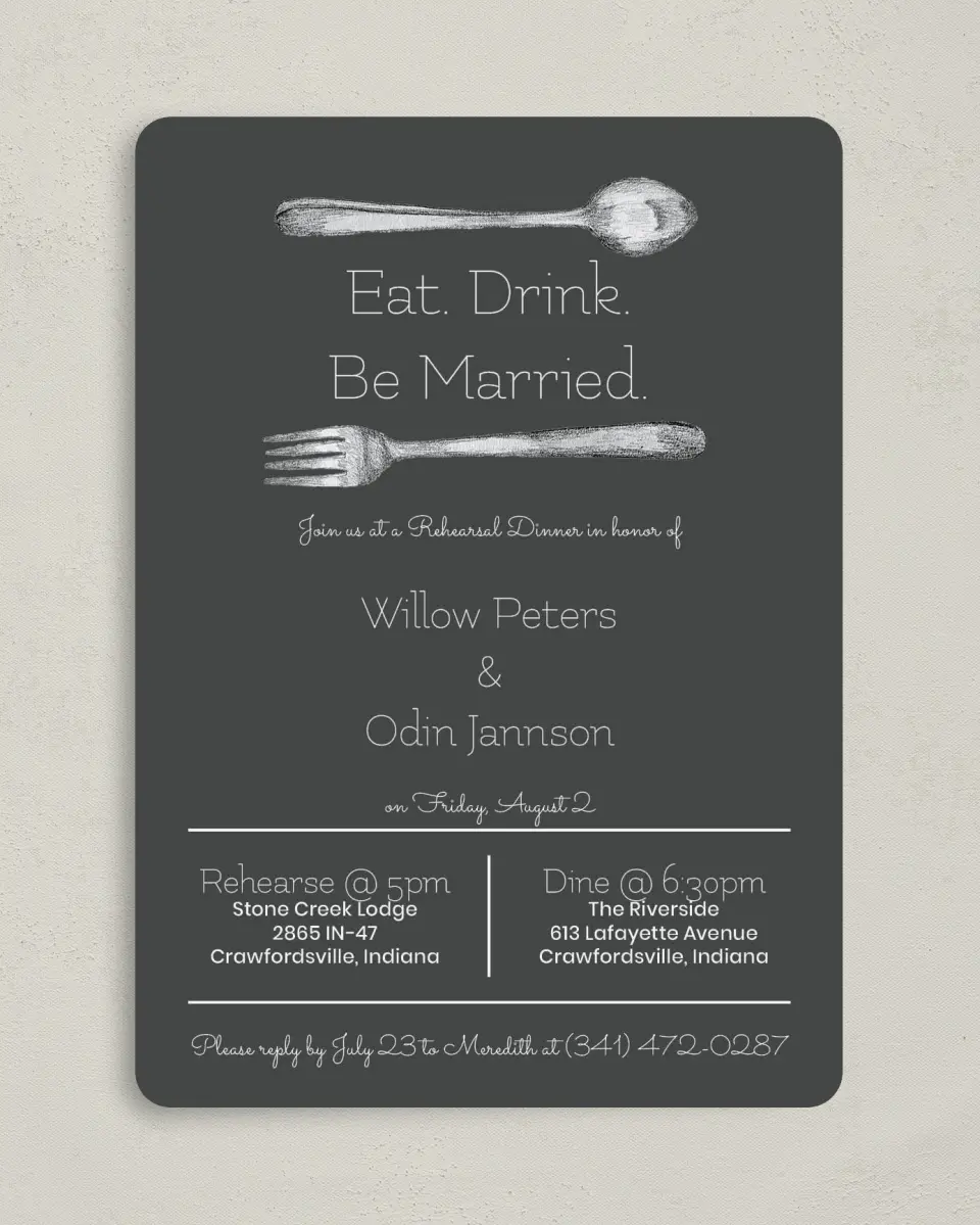 This is a 5" x 7" Rehearsal Dinner Invitation called Rehearsal Eats printed in full color on Premium Smooth paper