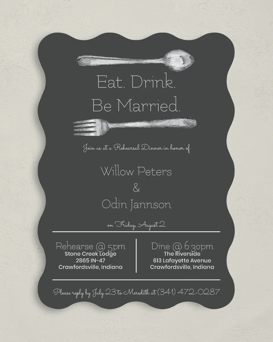 This is a 5" x 7" Rehearsal Dinner Invitation called Rehearsal Eats printed in full color on Premium Smooth paper