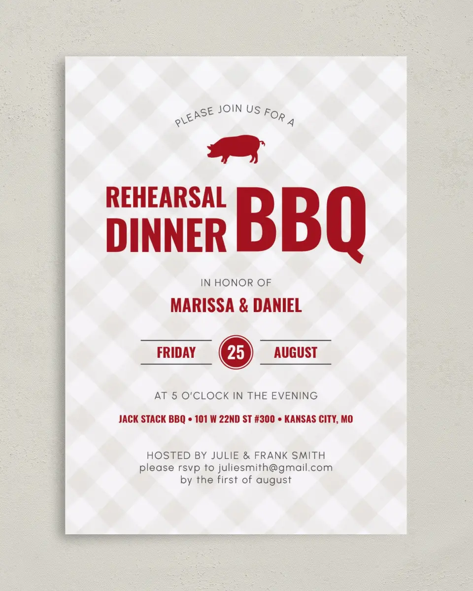 This is a 5" x 7" Rehearsal Dinner Invitation called Rehearsal BBQ printed in full color on Premium Smooth paper