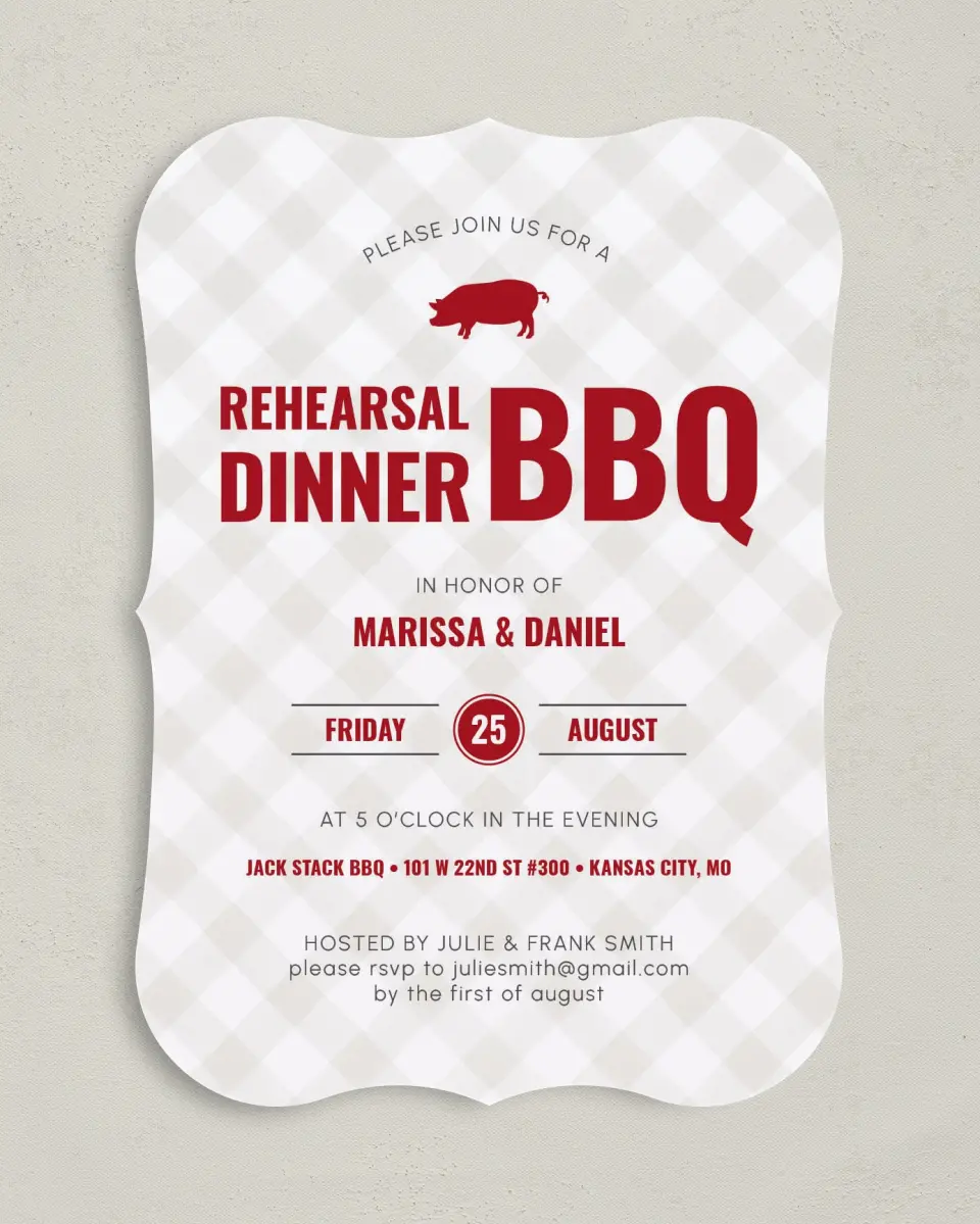 This is a 5" x 7" Rehearsal Dinner Invitation called Rehearsal BBQ printed in full color on Premium Smooth paper