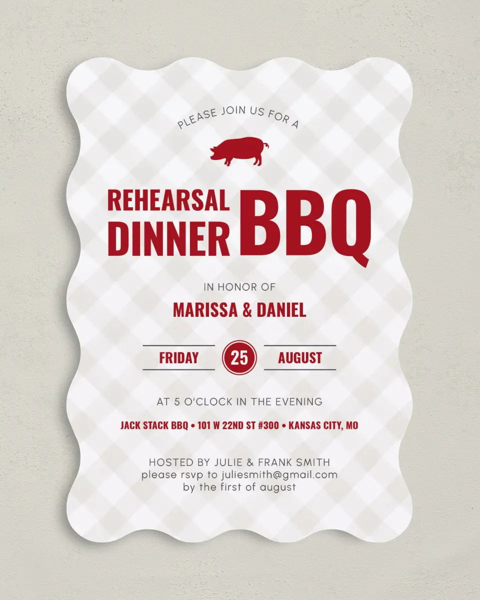 This is a 5" x 7" Rehearsal Dinner Invitation called Rehearsal BBQ printed in full color on Premium Smooth paper