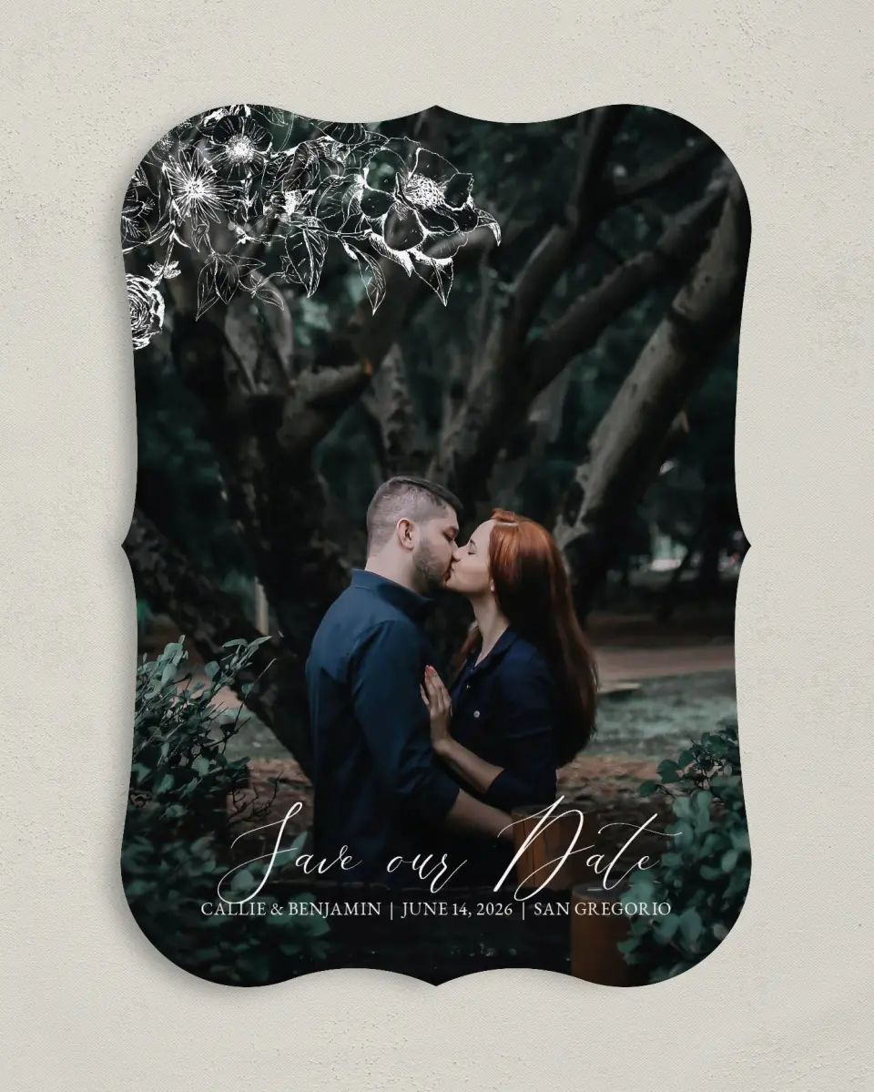 This is a 5" x 7" Save the Date Card called Gentle Bouquet printed in full color on Premium Smooth paper