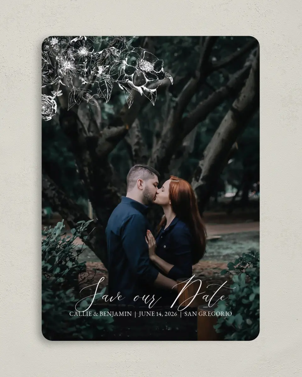 This is a 5" x 7" Save the Date Card called Gentle Bouquet printed in full color on Premium Smooth paper