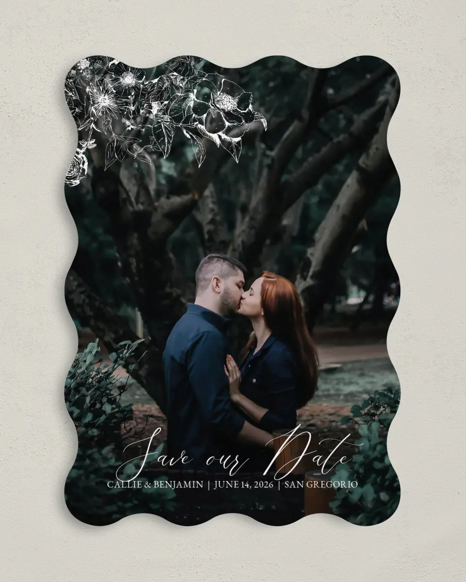 This is a 5" x 7" Save the Date Card called Gentle Bouquet printed in full color on Premium Smooth paper
