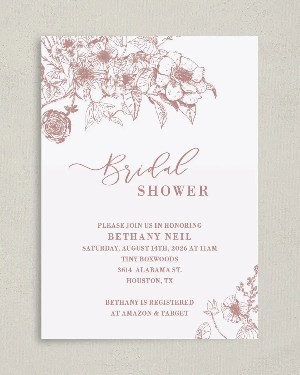 This is a 5" x 7" Bridal Shower Invitation called Spring Floral printed in full color with Rose Gold foil on Luxe Satin (coated) paper