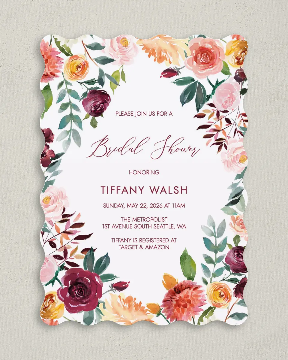 This is a 5" x 7" Bridal Shower Invitation called Bouquet Bliss printed in full color with Gold foil on Luxe Satin (coated) paper