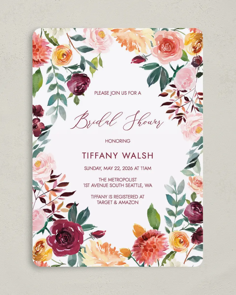 This is a 5" x 7" Bridal Shower Invitation called Bouquet Bliss printed in full color on Premium Smooth paper