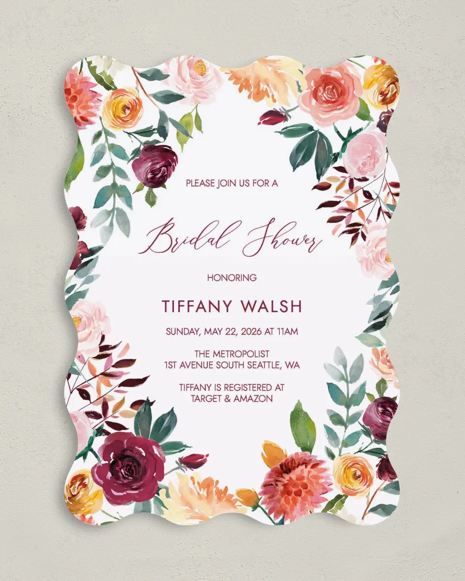 This is a 5" x 7" Bridal Shower Invitation called Bouquet Bliss printed in full color on Premium Smooth paper