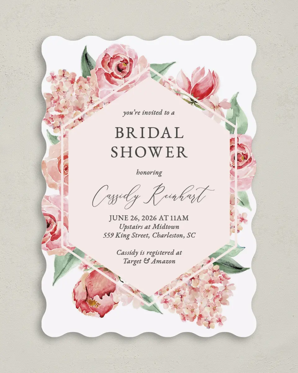 This is a 5" x 7" Bridal Shower Invitation called Floral Elegance printed in full color on Premium Smooth paper