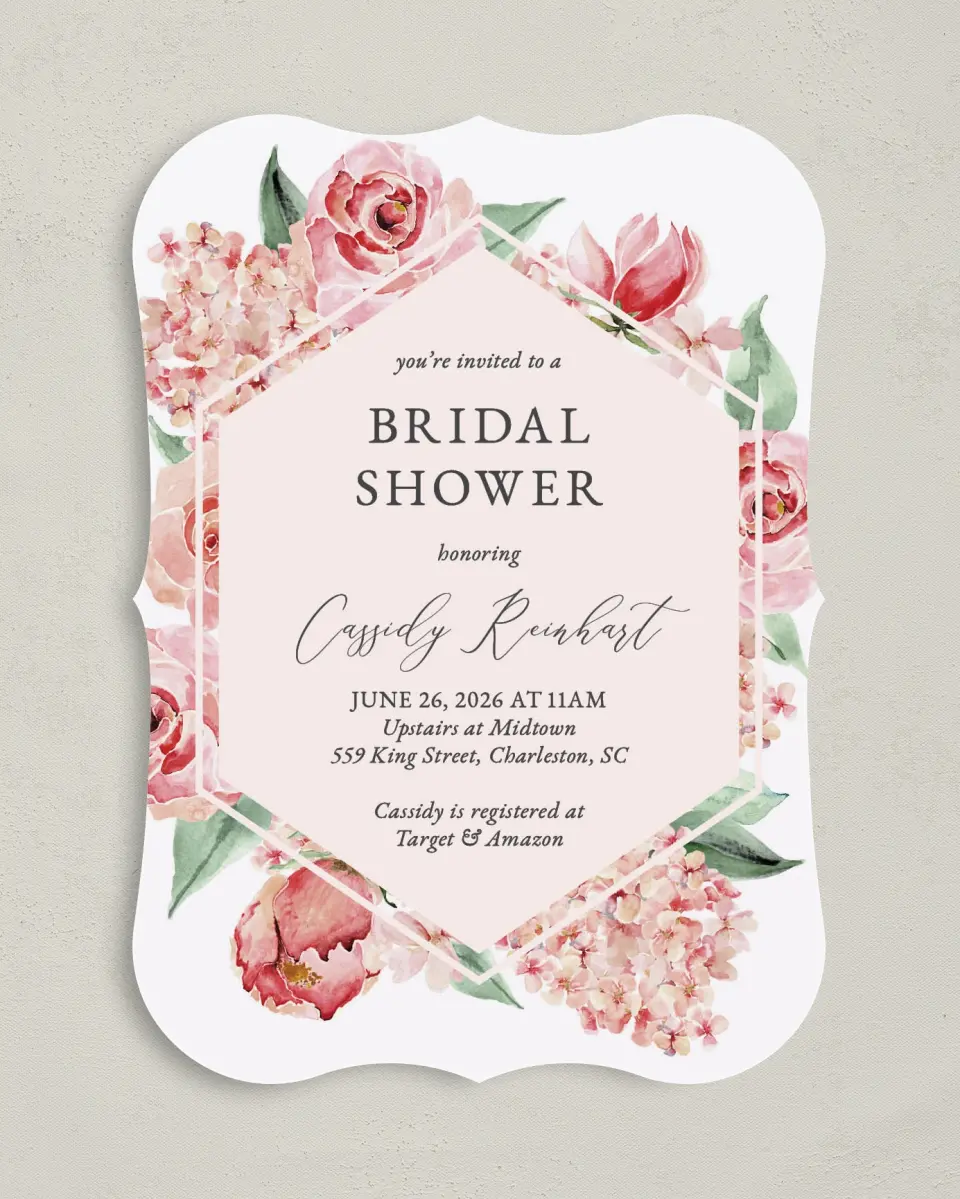 This is a 5" x 7" Bridal Shower Invitation called Floral Elegance printed in full color on Premium Smooth paper