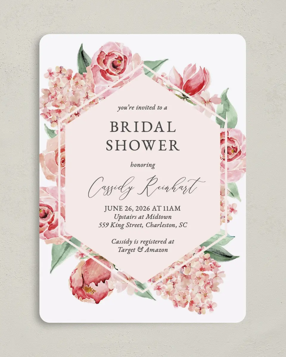 This is a 5" x 7" Bridal Shower Invitation called Floral Elegance printed in full color with Gold foil on Luxe Satin (coated) paper