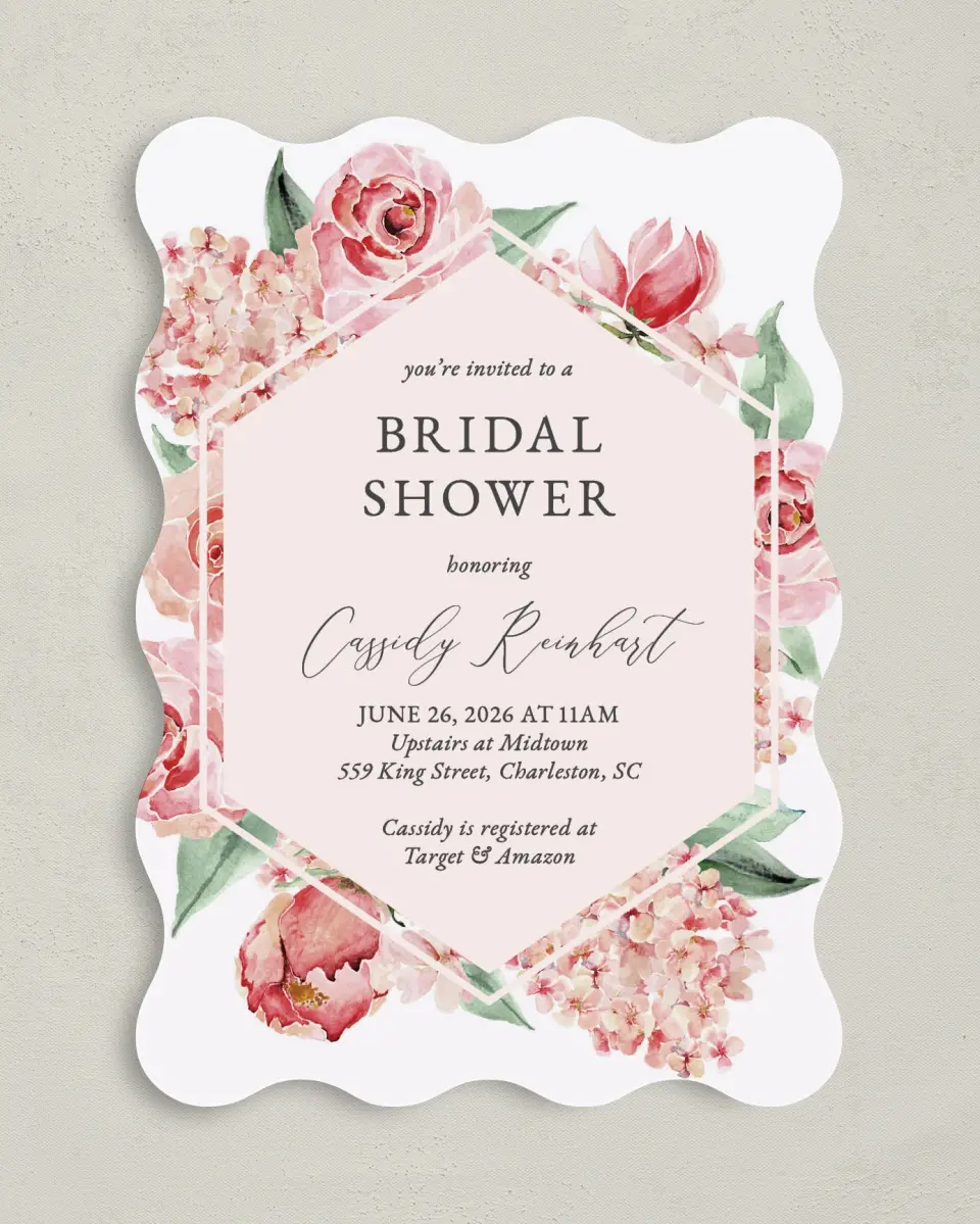 This is a 5" x 7" Bridal Shower Invitation called Floral Elegance printed in full color on Premium Smooth paper