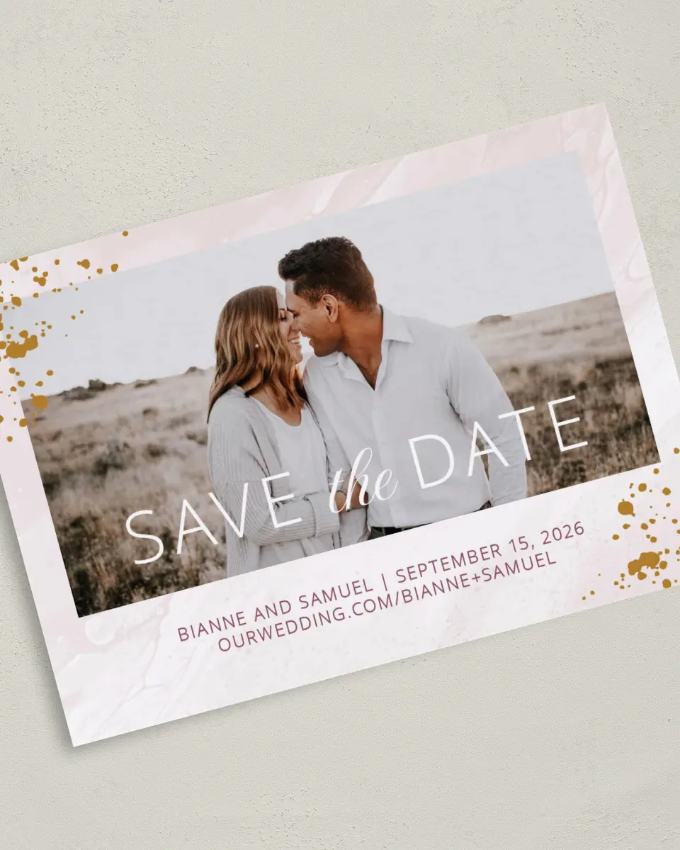 This is a 5" x 7" Save the Date Card called Tender Mist printed in full color on Premium Smooth paper