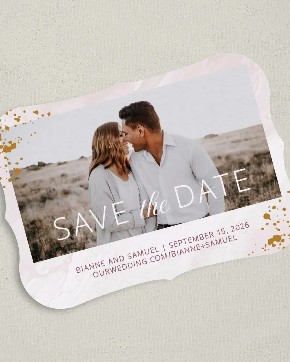 This is a 5" x 7" Save the Date Card called Tender Mist printed in full color on Premium Smooth paper