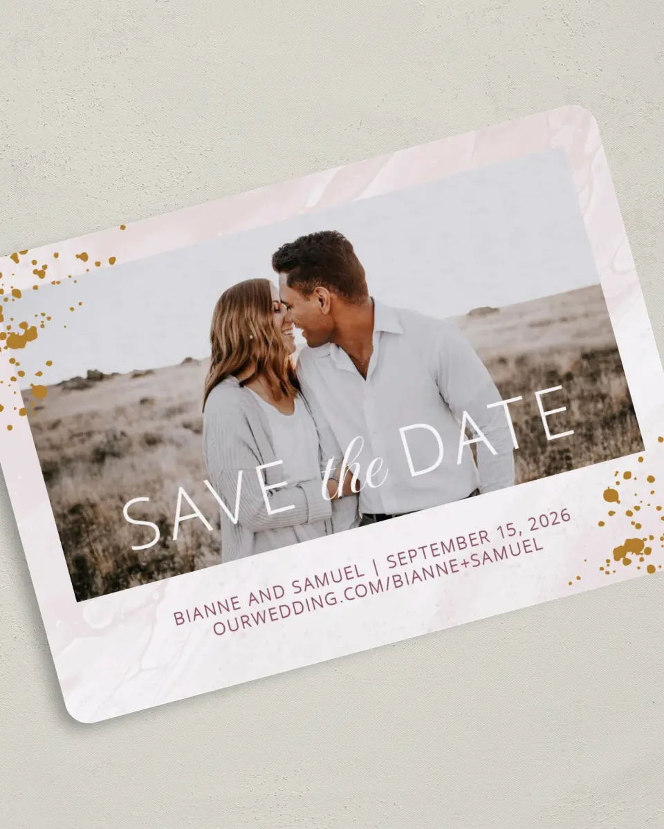 This is a 5" x 7" Save the Date Card called Tender Mist printed in full color on Premium Smooth paper