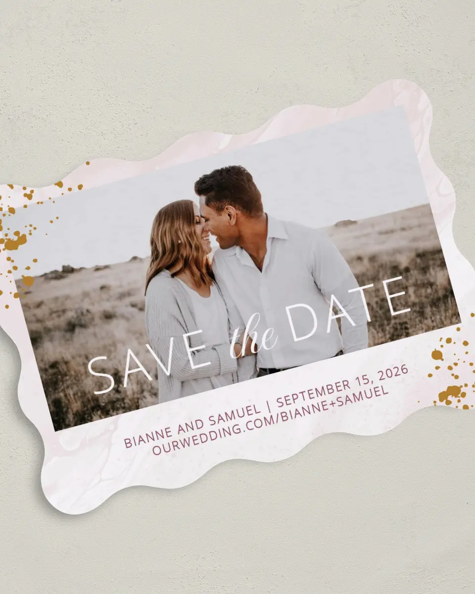 This is a 5" x 7" Save the Date Card called Tender Mist printed in full color on Premium Smooth paper