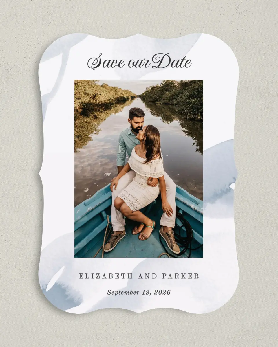 This is a 5" x 7" Save the Date Card called Painted Majesty printed in full color on Premium Smooth paper