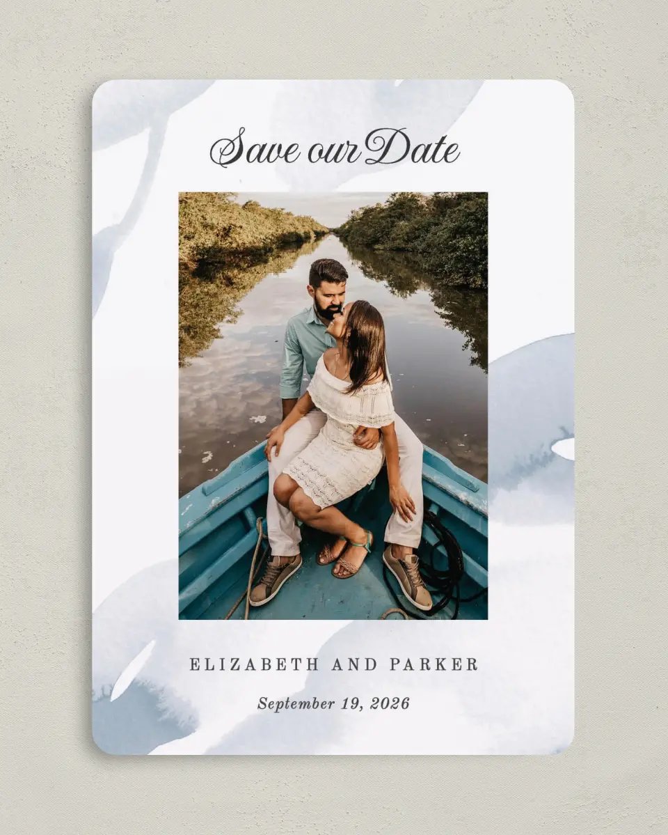 This is a 5" x 7" Save the Date Card called Painted Majesty printed in full color on Premium Smooth paper