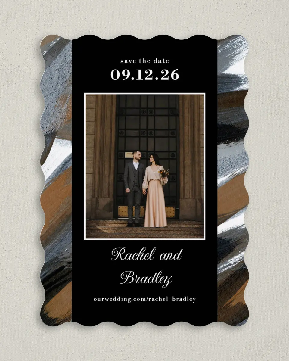 This is a 5" x 7" Save the Date Card called Moody Swashes printed in full color on Premium Smooth paper