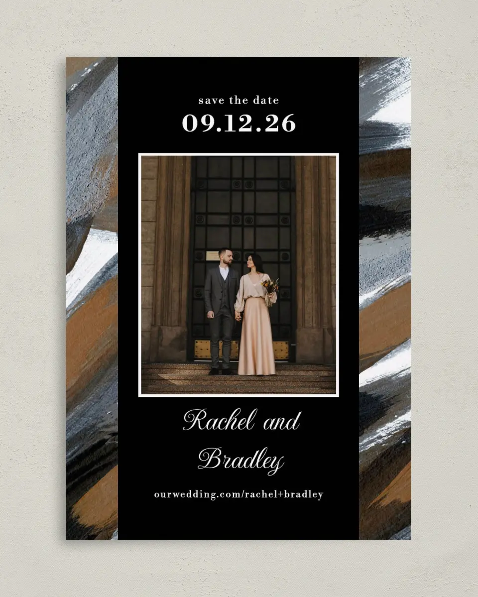 This is a 5" x 7" Save the Date Card called Moody Swashes printed in full color on Premium Smooth paper