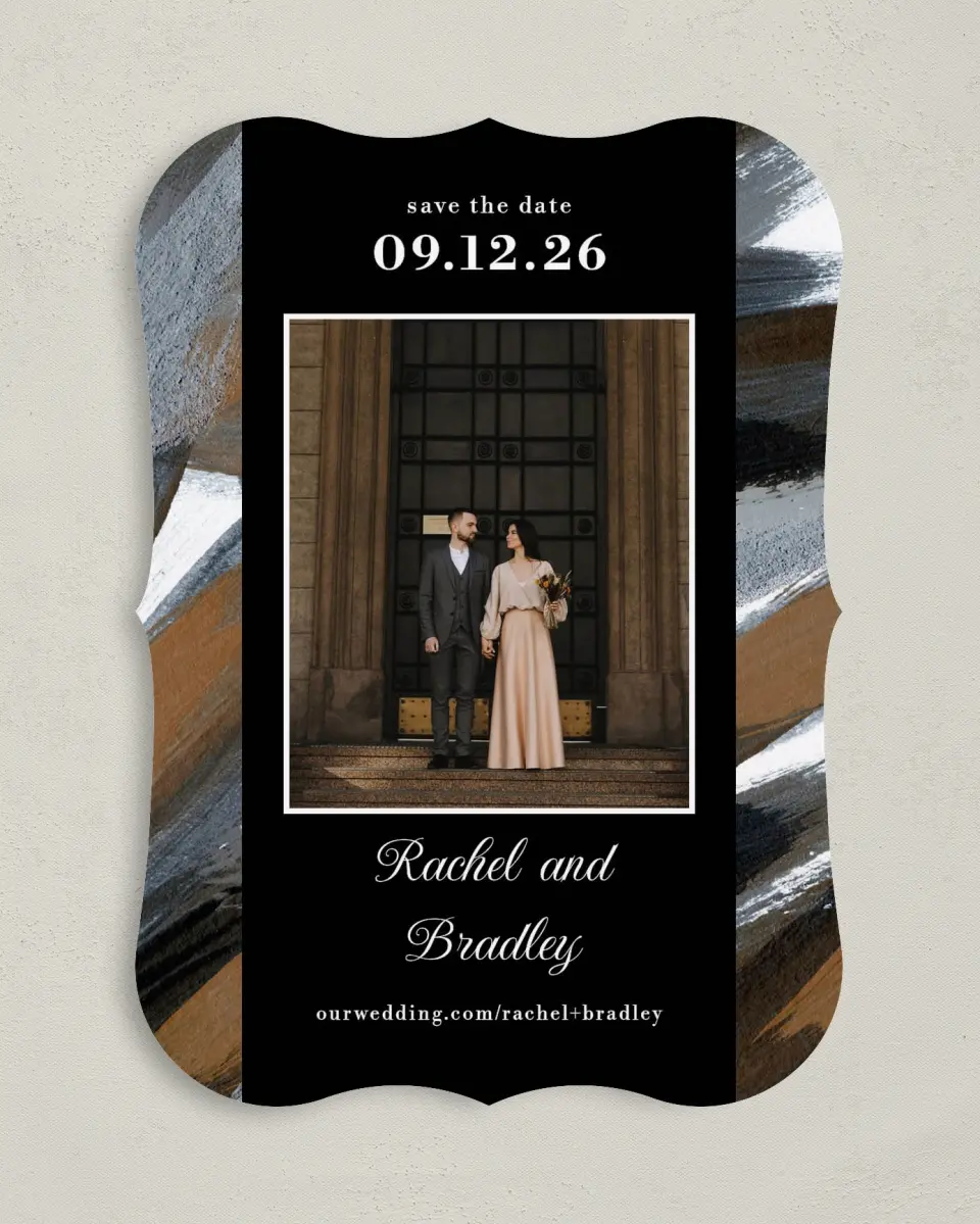 This is a 5" x 7" Save the Date Card called Moody Swashes printed in full color on Premium Smooth paper