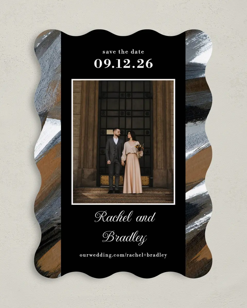 This is a 5" x 7" Save the Date Card called Moody Swashes printed in full color on Premium Smooth paper