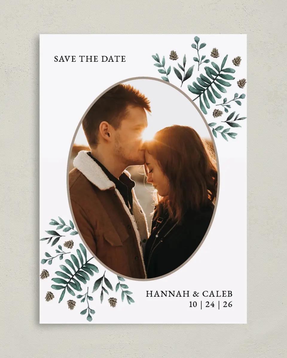 This is a 5" x 7" Save the Date Card called Pinecone Allure printed in full color on Premium Smooth paper