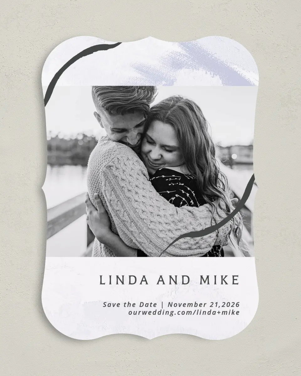 This is a 5" x 7" Save the Date Card called Gilded Marble printed in full color on Premium Smooth paper