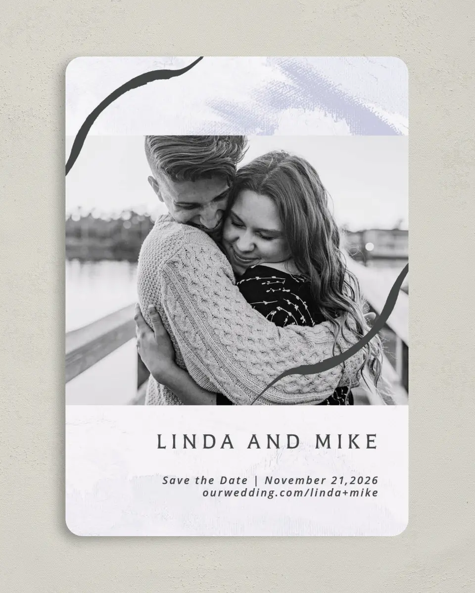 This is a 5" x 7" Save the Date Card called Gilded Marble printed in full color on Premium Smooth paper