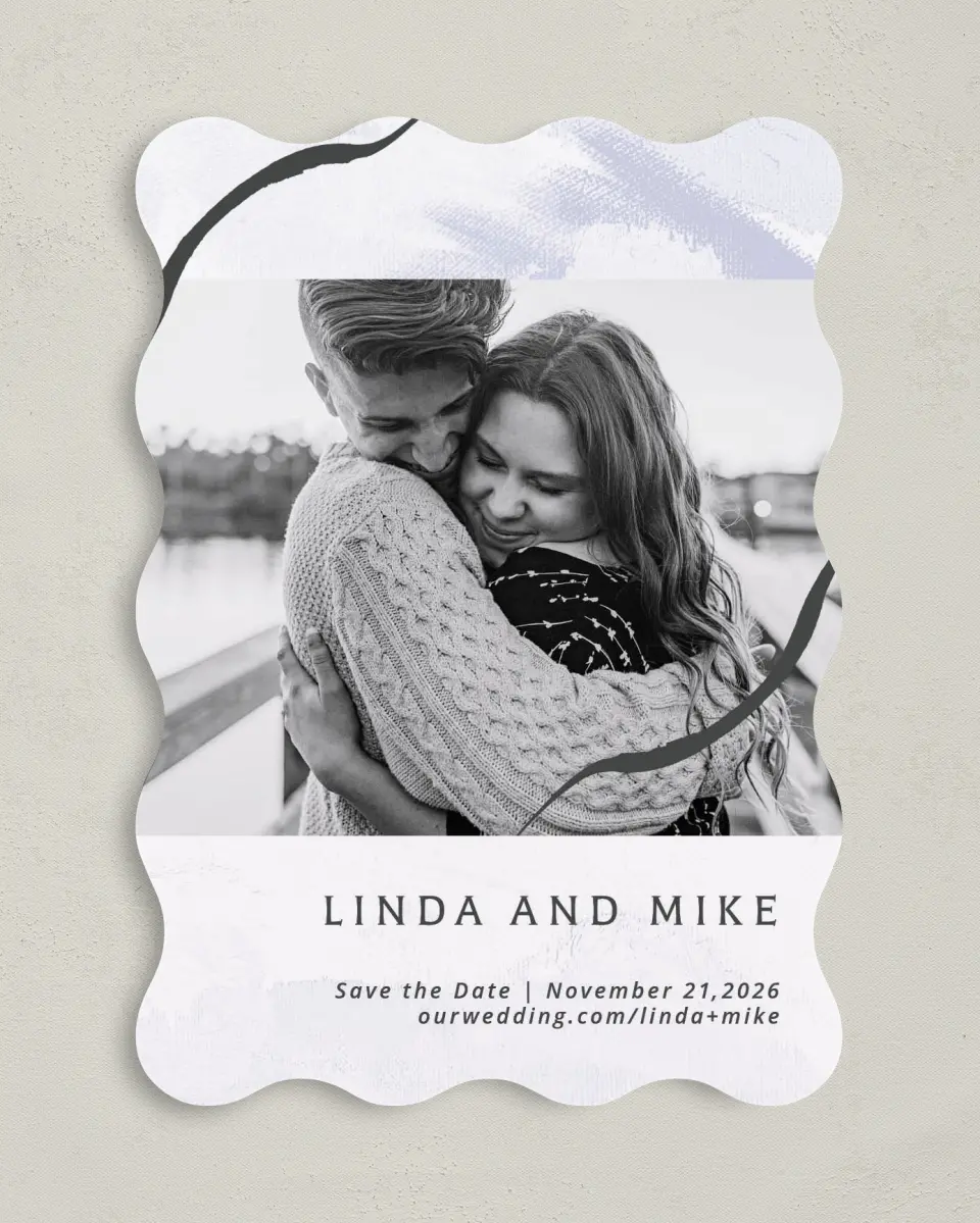 This is a 5" x 7" Save the Date Card called Gilded Marble printed in full color on Premium Smooth paper