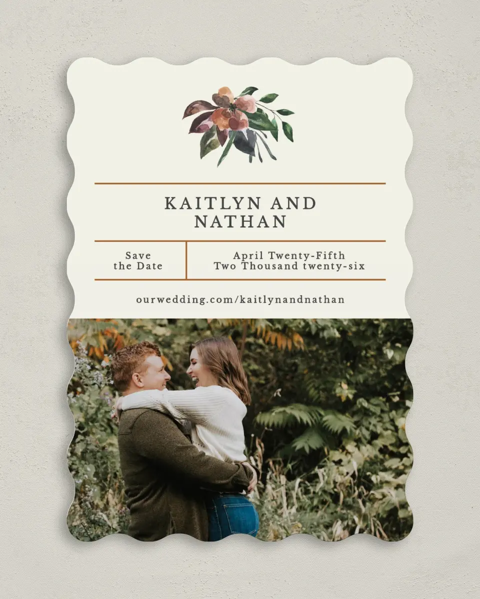 This is a 5" x 7" Save the Date Card called Golden Blooms printed in full color on Premium Smooth paper