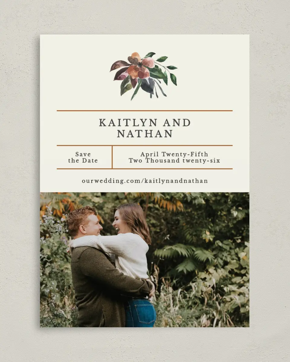 This is a 5" x 7" Save the Date Card called Golden Blooms printed in full color on Premium Smooth paper