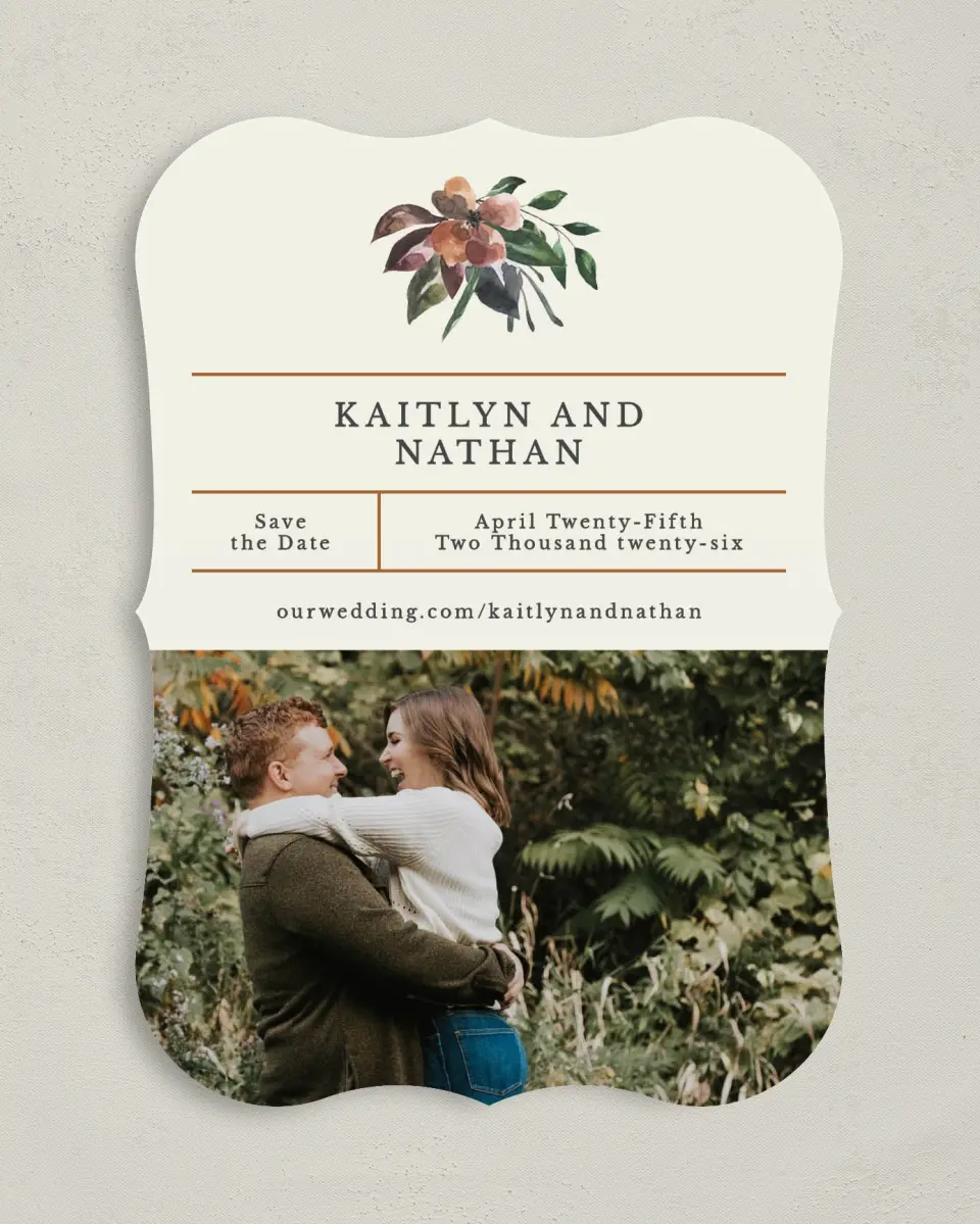 This is a 5" x 7" Save the Date Card called Golden Blooms printed in full color on Premium Smooth paper