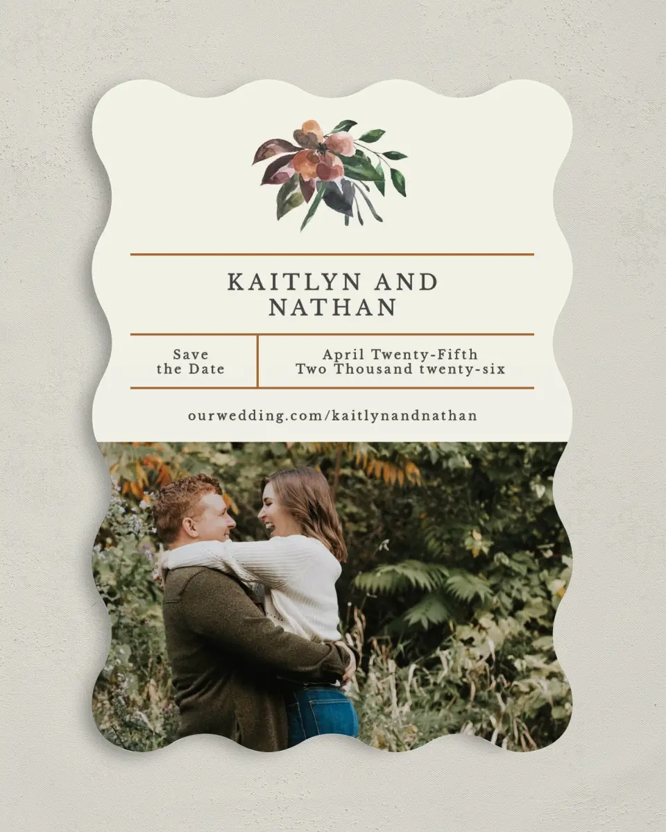 This is a 5" x 7" Save the Date Card called Golden Blooms printed in full color on Premium Smooth paper
