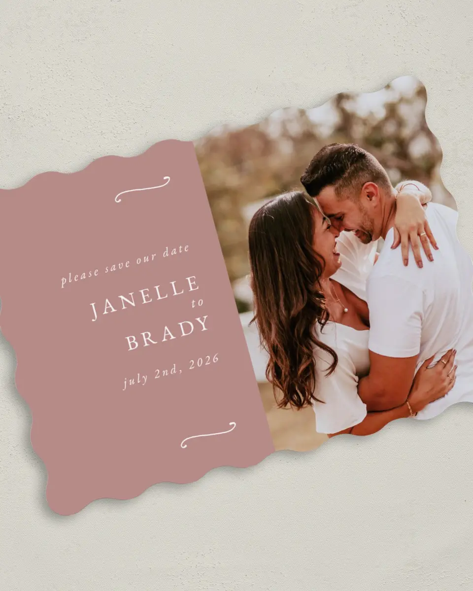 This is a 5" x 7" Save the Date Card called Modern Whisper printed in full color on Premium Smooth paper