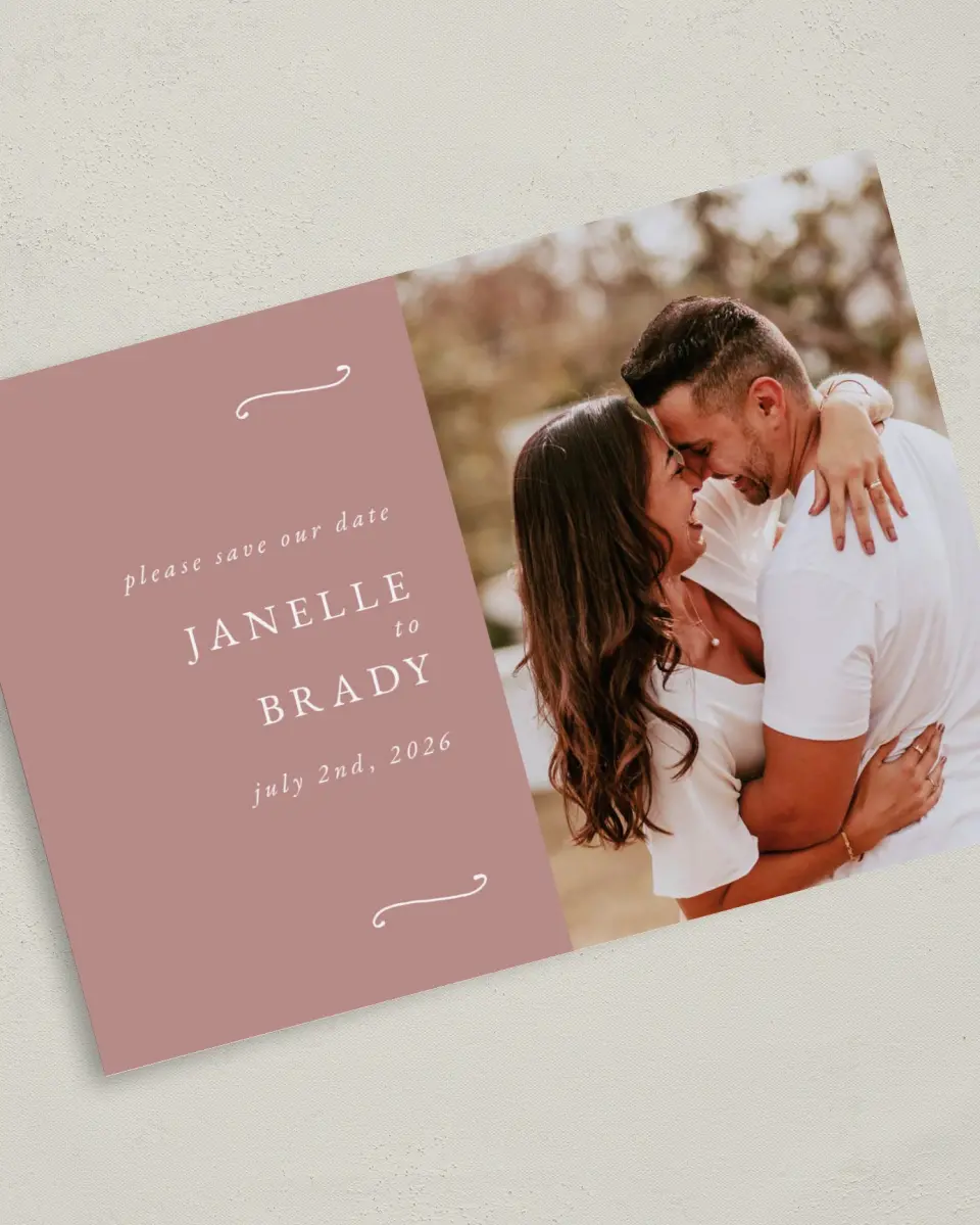 This is a 5" x 7" Save the Date Card called Modern Whisper printed in full color on Premium Smooth paper