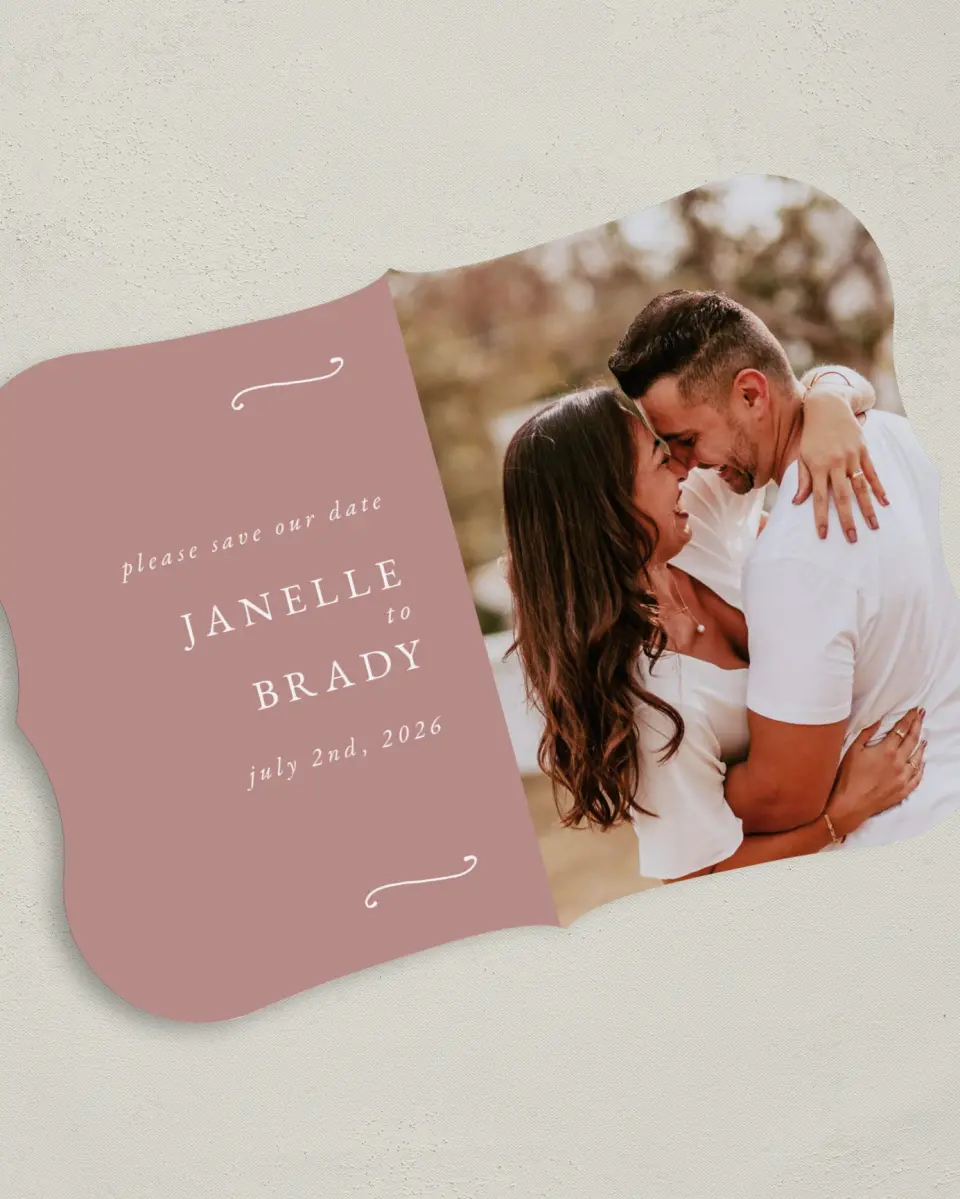 This is a 5" x 7" Save the Date Card called Modern Whisper printed in full color on Premium Smooth paper