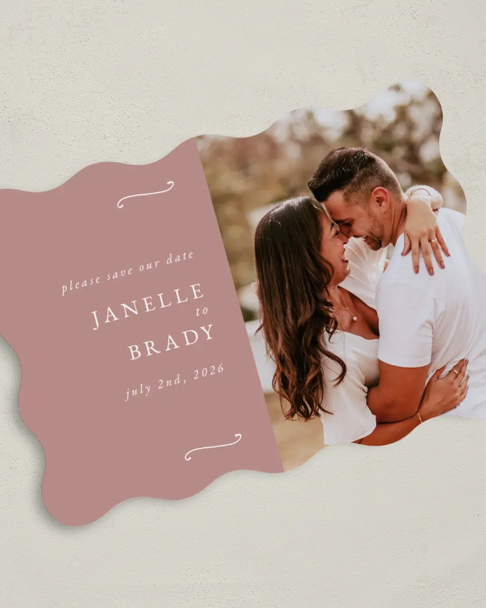 This is a 5" x 7" Save the Date Card called Modern Whisper printed in full color on Premium Smooth paper