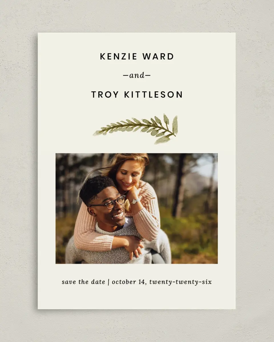 This is a 5" x 7" Save the Date Card called Faintly Fall printed in full color on Premium Smooth paper
