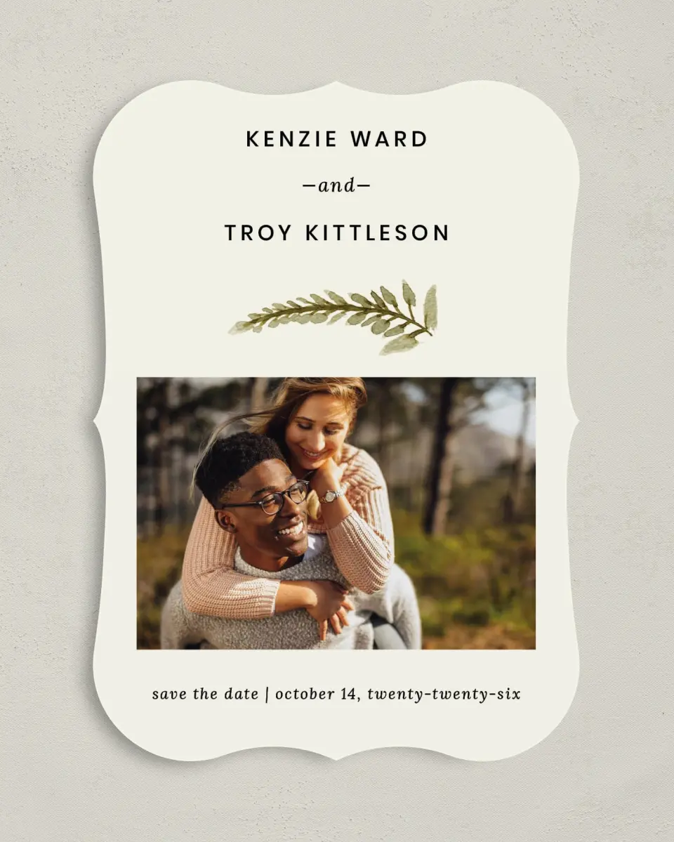 This is a 5" x 7" Save the Date Card called Faintly Fall printed in full color on Premium Smooth paper