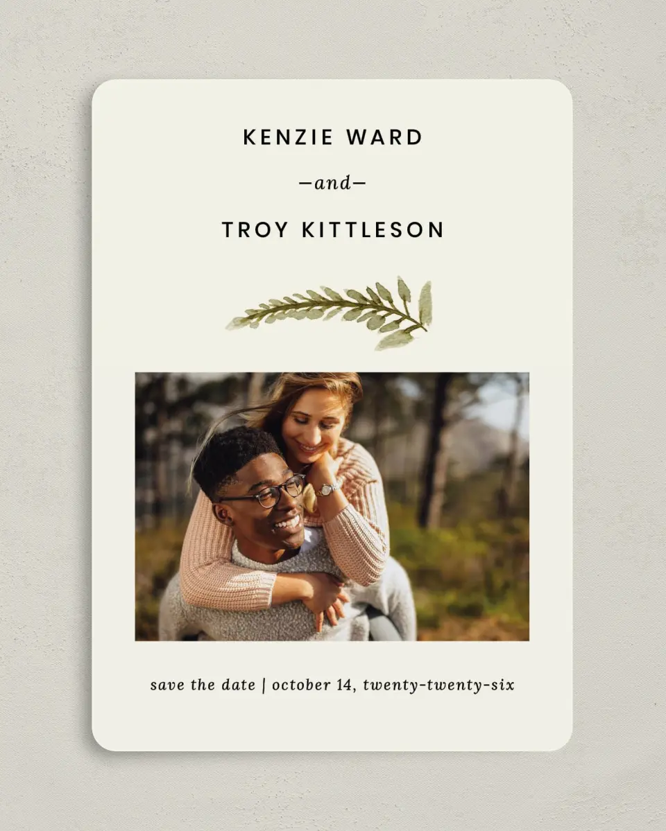 This is a 5" x 7" Save the Date Card called Faintly Fall printed in full color on Premium Smooth paper