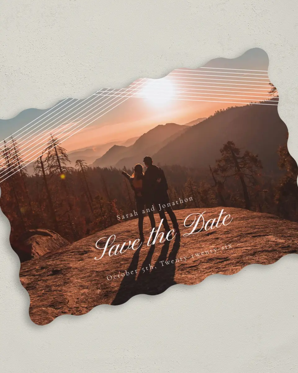 This is a 5" x 7" Save the Date Card called Dearest Lines printed in full color on Premium Smooth paper