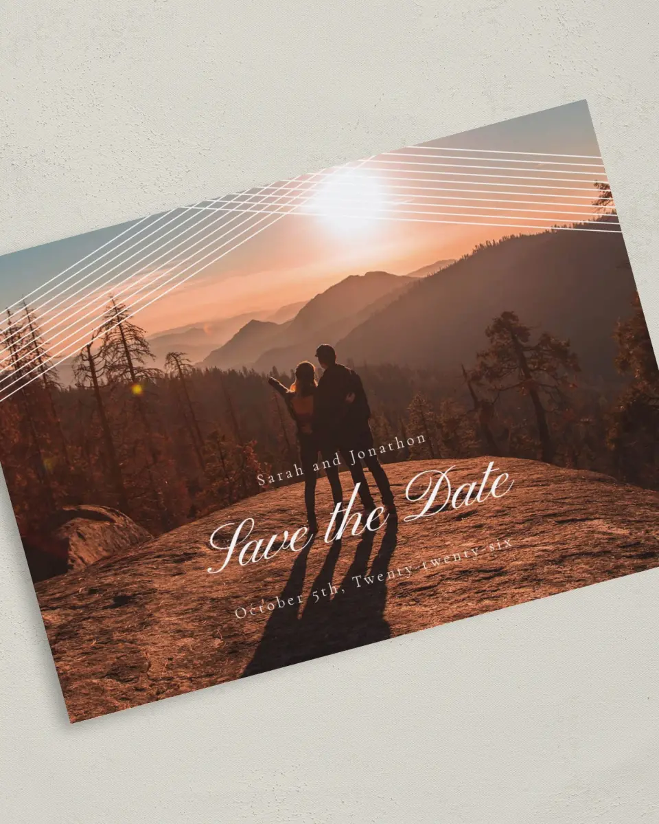 This is a 5" x 7" Save the Date Card called Dearest Lines printed in full color on Premium Smooth paper