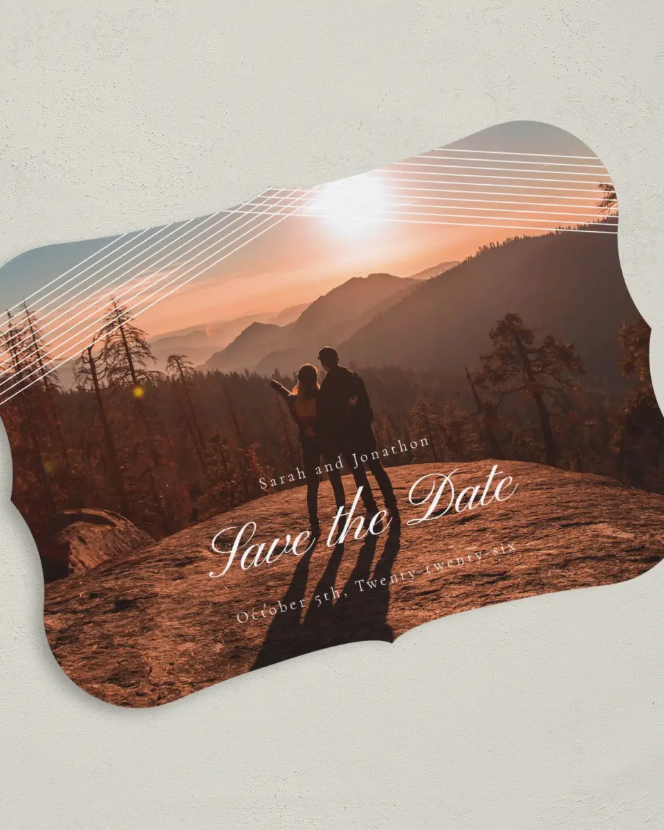 This is a 5" x 7" Save the Date Card called Dearest Lines printed in full color on Premium Smooth paper