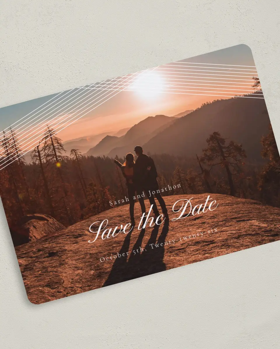 This is a 5" x 7" Save the Date Card called Dearest Lines printed in full color on Premium Smooth paper